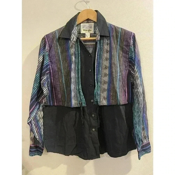 Wrangler Tops - Vintage Wrangler Shirt Womens Western Pearl Snap Stripe XL Western Button Up 90s